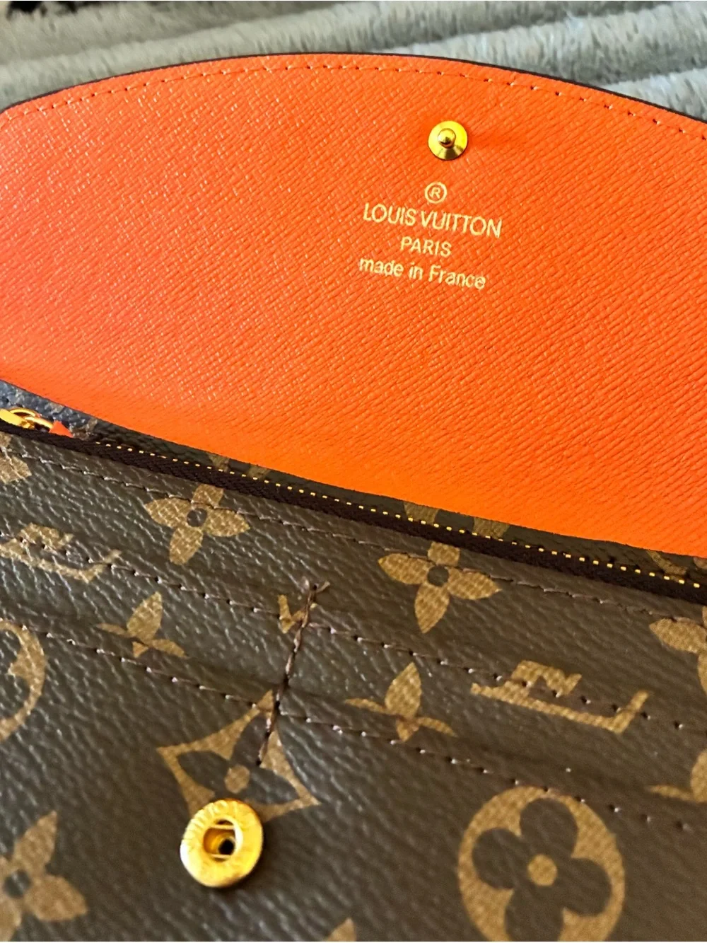 Louis Vuitton Monogram Canvas Wallet with Orange Button Accent